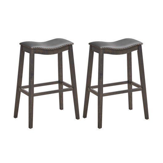 Costway 29" Set of 2 Gray Backless Wood Nailhead Barstools with PVC Leather Seat