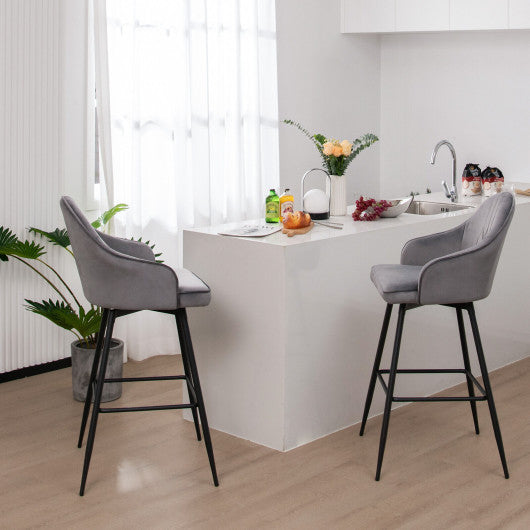 Costway 29.5" 2 Pieces Gray Pub Height Swivel Velvet Bar Stools with Metal Legs