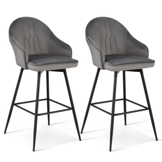 Costway 29.5" 2 Pieces Gray Pub Height Swivel Velvet Bar Stools with Metal Legs