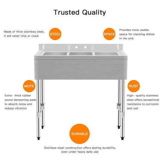 Costway 3-Compartment Stainless Steel Kitchen Commercial Sink