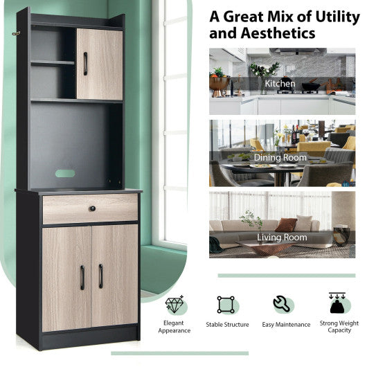 Costway 3-Door 71" Black Kitchen Buffet Pantry Storage Cabinet with Hutch and Adjustable Shelf