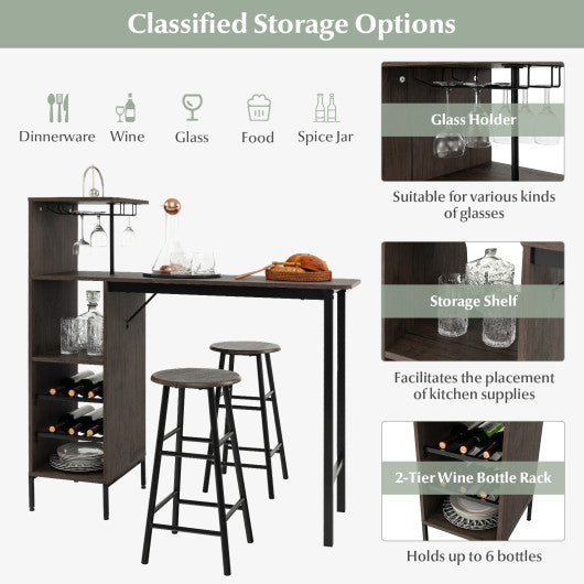 Costway 3 Piece Brown Bar Table and Chairs Set with 6-Bottle Wine Rack