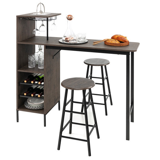 Costway 3 Piece Brown Bar Table and Chairs Set with 6-Bottle Wine Rack