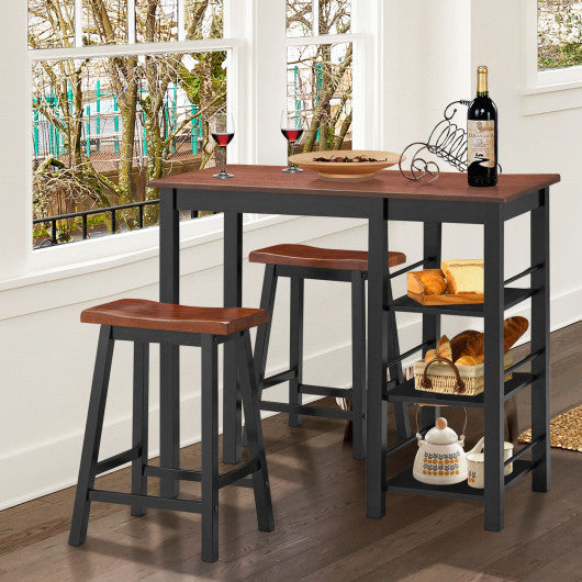 Costway 3 Piece Counter Height Dining Table Set with 2 Saddle Stools and Storage Shelves