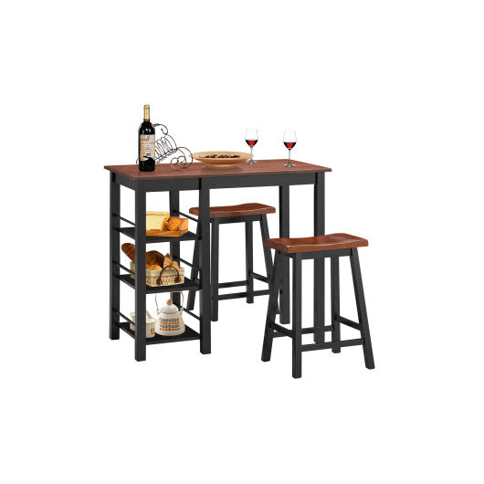 Costway 3 Piece Counter Height Dining Table Set with 2 Saddle Stools and Storage Shelves