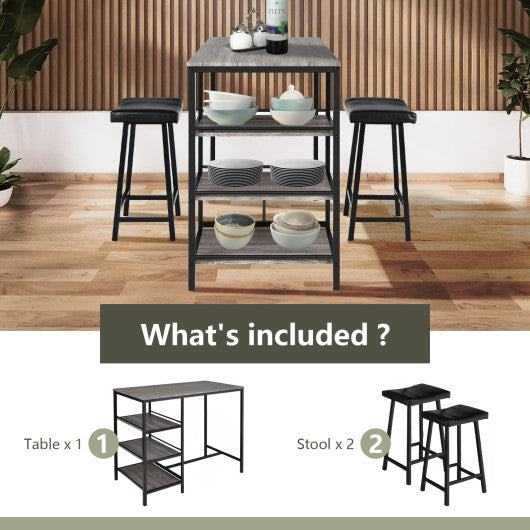 Costway 3 Pieces Black Counter Height Dining Bar Table Set with 2 Stools and 3 Storage Shelves