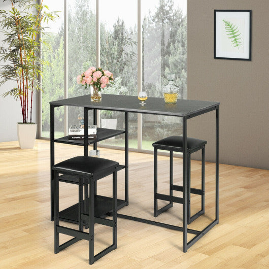 Costway 3 Pieces Black Dining Set with Faux Marble Top Table and 2 Stools