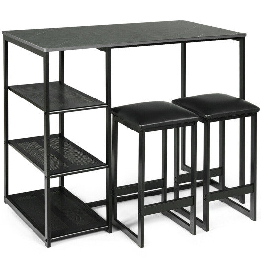Costway 3 Pieces Black Dining Set with Faux Marble Top Table and 2 Stools