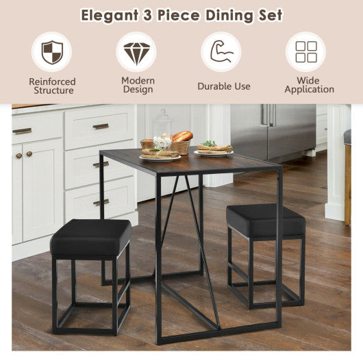 Costway 3 Pieces Brown Dining Set Metal Frame Kitchen Table and 2 Stools