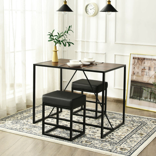 Costway 3 Pieces Brown Dining Set Metal Frame Kitchen Table and 2 Stools
