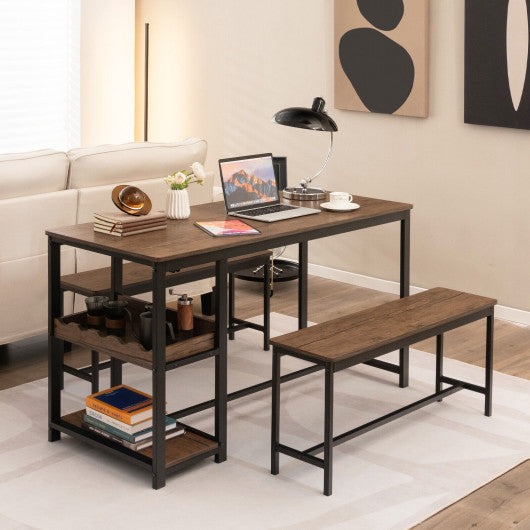 Costway 3 Pieces Brown Dining Table Set for 4 with Wine Rack