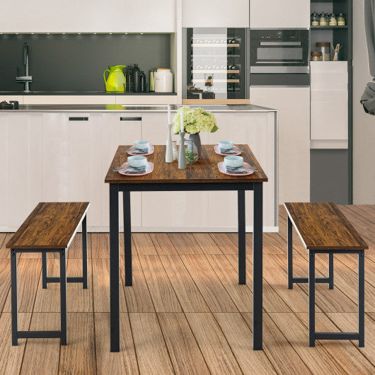 Costway 3 Pieces Brown Dining Table Set with 2 Benches for Dining Room Kitchen Bar