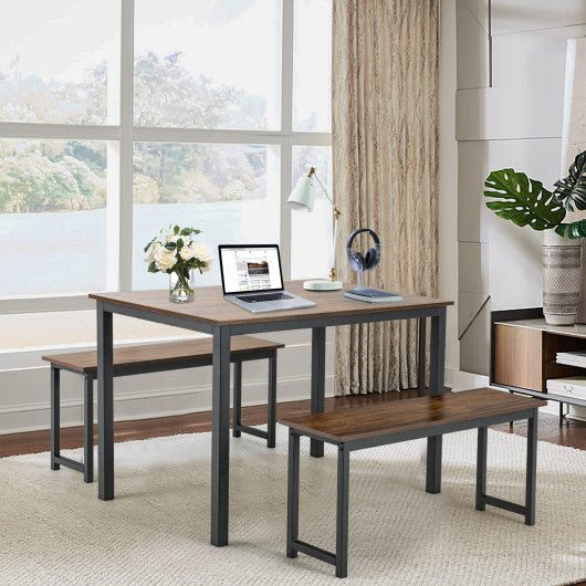 Costway 3 Pieces Brown Dining Table Set with 2 Benches for Dining Room Kitchen Bar
