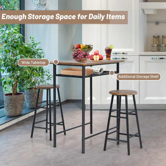 Costway 3 Pieces Dark Walnut Bar Table Set with 2 Stools