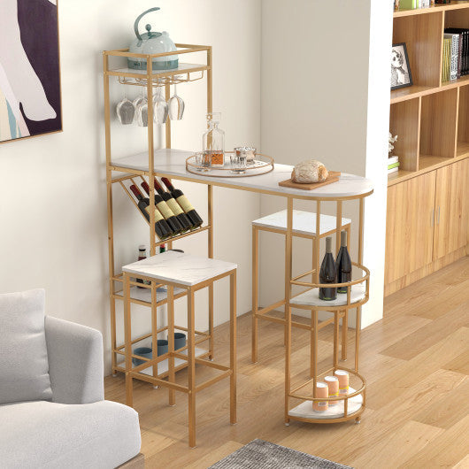 Costway 3 Pieces Golden Bar Table Set with Storage Shelves and Wine Rack