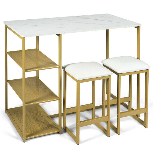 Costway 3 Pieces Golden Dining Set with Faux Marble Top Table and 2 Stools