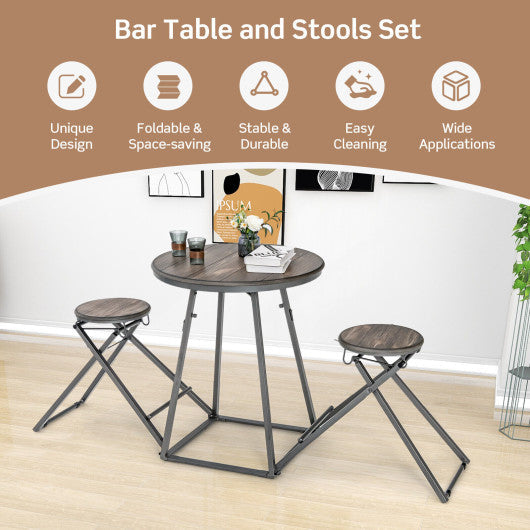 Costway 3 Pieces Gray Dining Table Set with 2 Foldable Stools for Small Space