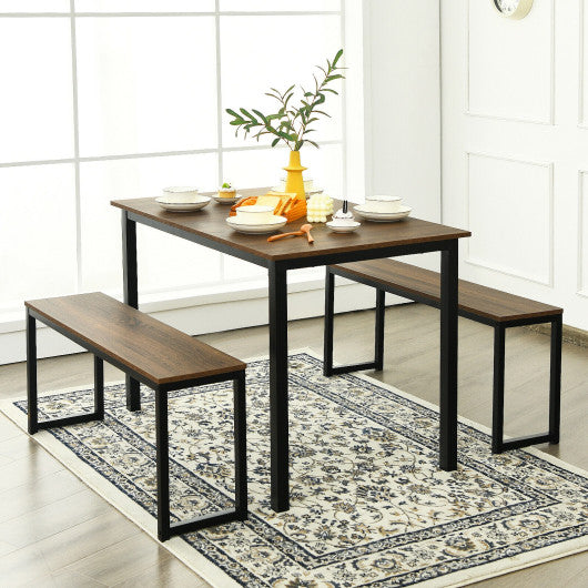 Costway 3 Pieces Natural Kitchen Dining Table Set with 2 Benches for Limited Space