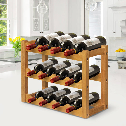 Costway 3-Tier Bar Kitchen 12-Bottle Wine Display Holder with Wooden Tabletop
