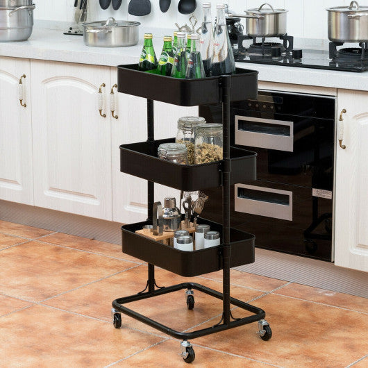 Costway 3-Tier Black Metal Rolling Storage Cart Mobile Organizer with Adjustable Shelves