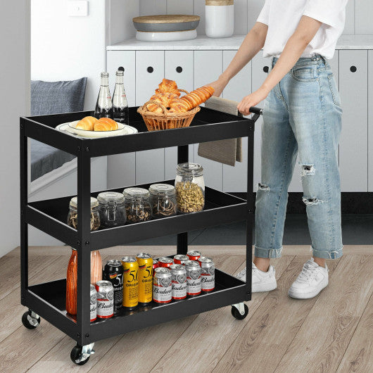 Costway 3-Tier Black Utility Cart Metal Mental Storage Service Trolley