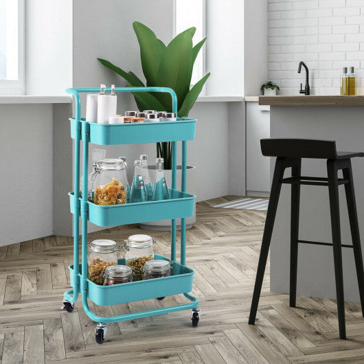 Costway 3-Tier Blue Utility Cart Storage Rolling Cart with Casters