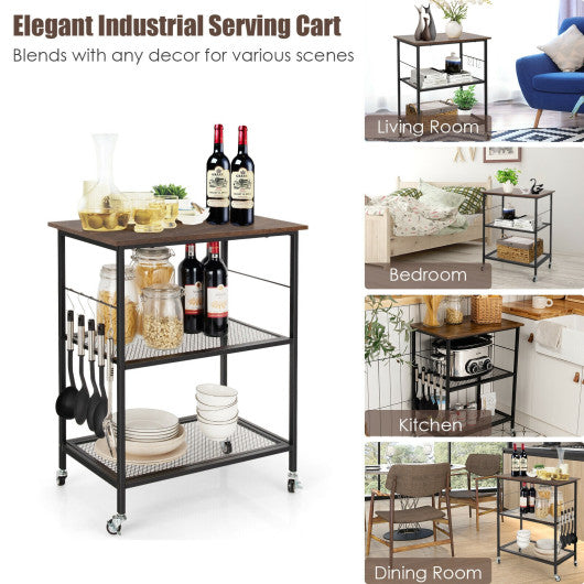 Costway 3-Tier Brown Kitchen Serving Cart Utility Standing Microwave Rack with Hooks