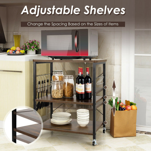 Costway 3-Tier Charcoal Brown Kitchen Baker's Rack Microwave Oven Storage Cart with Hooks
