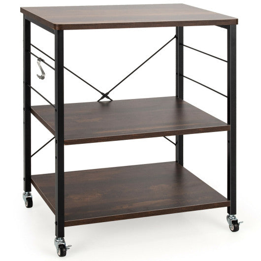 Costway 3-Tier Charcoal Brown Kitchen Baker's Rack Microwave Oven Storage Cart with Hooks