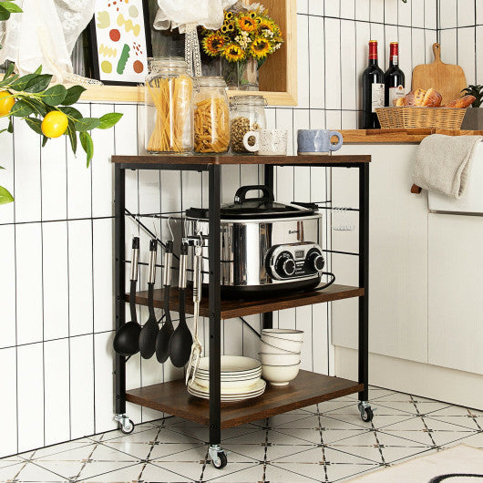 Costway 3-Tier Charcoal Brown Kitchen Baker's Rack Microwave Oven Storage Cart with Hooks