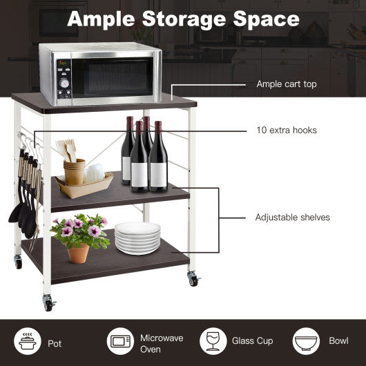 Costway 3-Tier Deep Brown Kitchen Baker's Rack Microwave Oven Storage Cart with Hooks