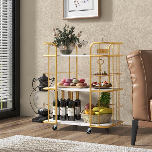 Costway 3-Tier Golden Metal Kitchen Storage Serving Cart Trolley with Marble Tabletop and Handles