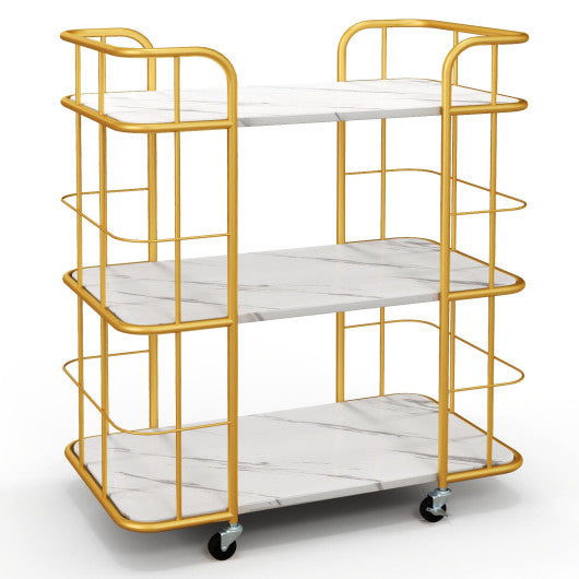 Costway 3-Tier Golden Metal Kitchen Storage Serving Cart Trolley with Marble Tabletop and Handles