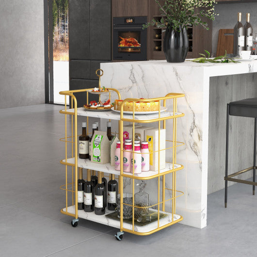 Costway 3-Tier Golden Metal Kitchen Storage Serving Cart Trolley with Marble Tabletop and Handles