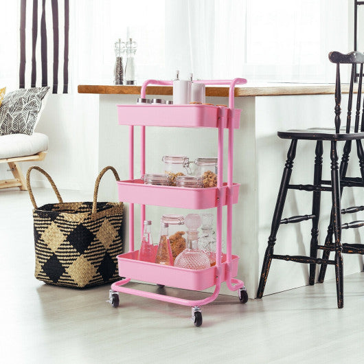 Costway 3-Tier Pink Utility Cart Storage Rolling Cart with Casters