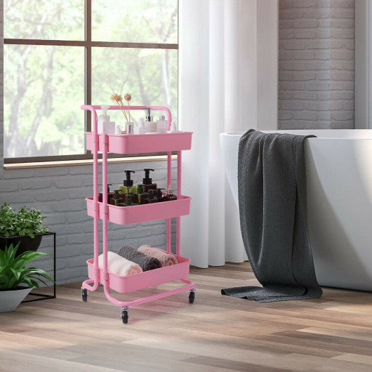 Costway 3-Tier Pink Utility Cart Storage Rolling Cart with Casters