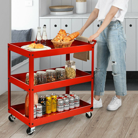 Costway 3-Tier Red Utility Cart Metal Mental Storage Service Trolley