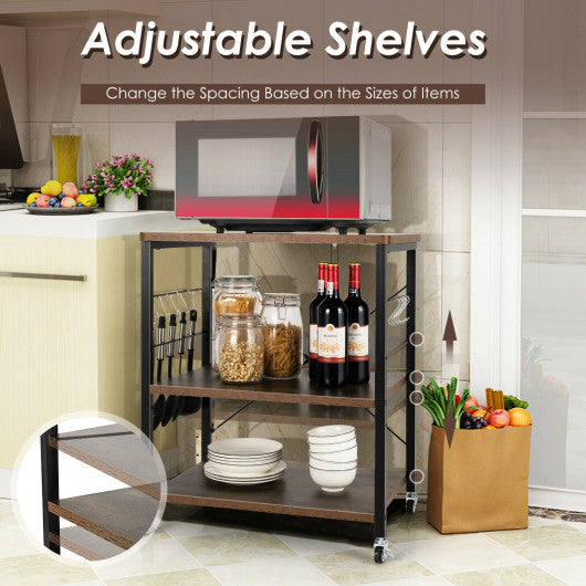 Costway 3-Tier Rustic Brown Kitchen Baker's Rack Microwave Oven Storage Cart with Hooks