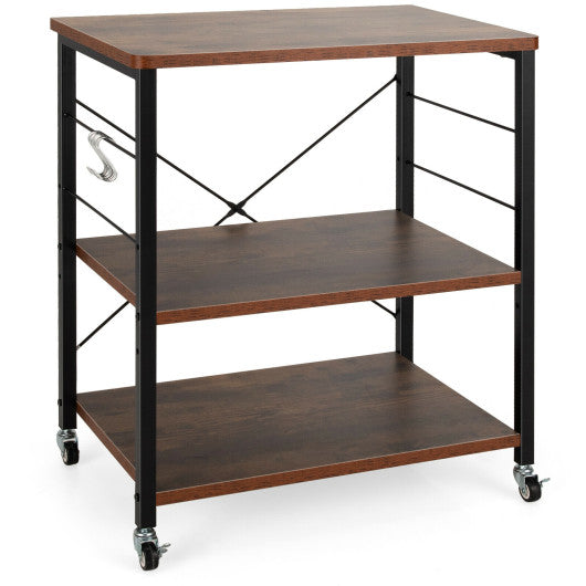 Costway 3-Tier Rustic Brown Kitchen Baker's Rack Microwave Oven Storage Cart with Hooks