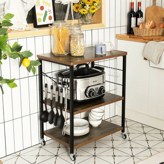 Costway 3-Tier Rustic Brown Kitchen Baker's Rack Microwave Oven Storage Cart with Hooks