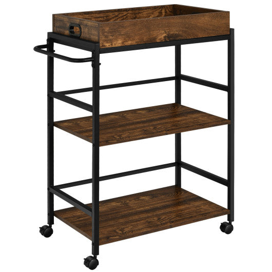 Costway 3-Tier Rustic Brown Kitchen Serving Bar Cart with Lockable Casters and Handle Rack for Home Pub