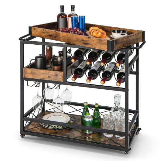 Costway 3-Tier Rustic Brown Rolling Bar Cart with Removable Tray and Wine Rack