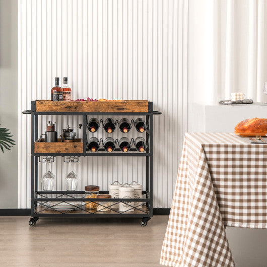 Costway 3-Tier Rustic Brown Rolling Bar Cart with Removable Tray and Wine Rack