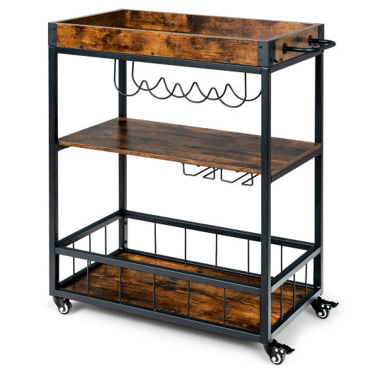 Costway 3-Tier Rustic Brown Rolling Kitchen Bar Cart with Wine Rack