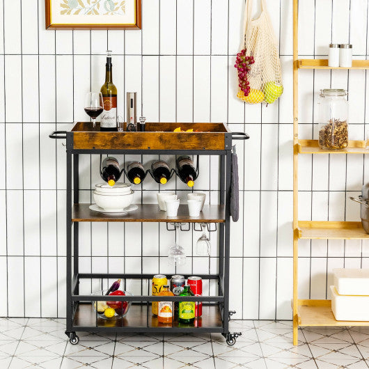Costway 3-Tier Rustic Brown Rolling Kitchen Bar Cart with Wine Rack