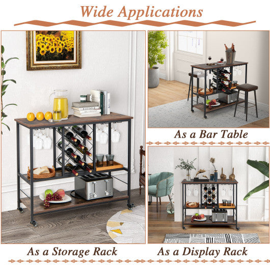 Costway 3-Tier Rustic Brown Wine Bar Cabinet wit 8 Bottles Rack and 12 Glasses Hanger