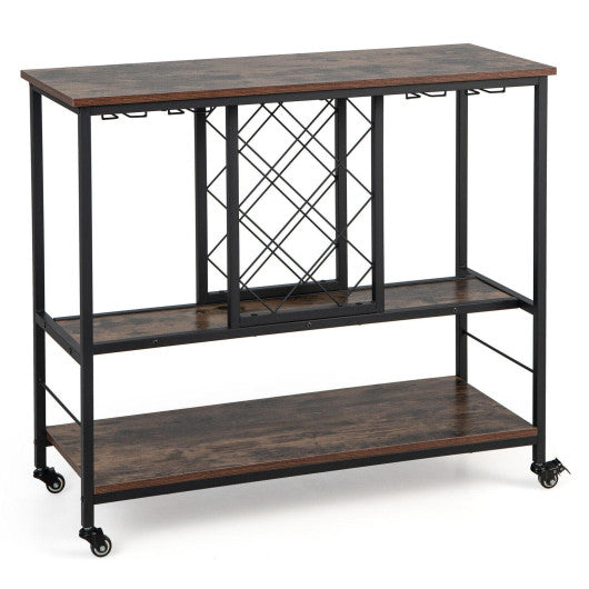 Costway 3-Tier Rustic Brown Wine Bar Cabinet wit 8 Bottles Rack and 12 Glasses Hanger