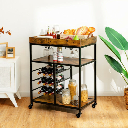 Costway 3-Tier Rustic Brown Wood Rolling Kitchen Serving Cart with 9 Wine Bottles Rack Metal Frame