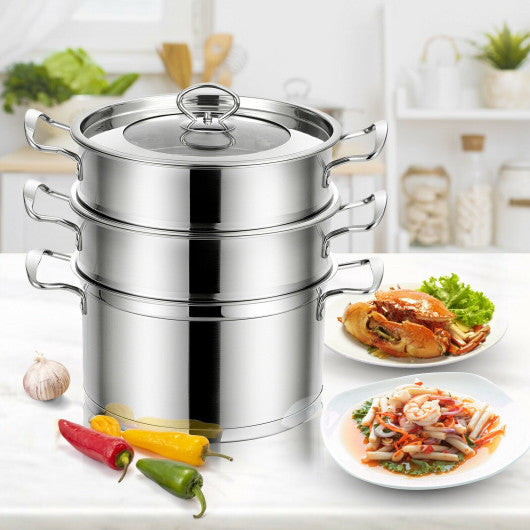 Costway 3 Tier Stainless Steel Steamer with Handles and Glass Lid