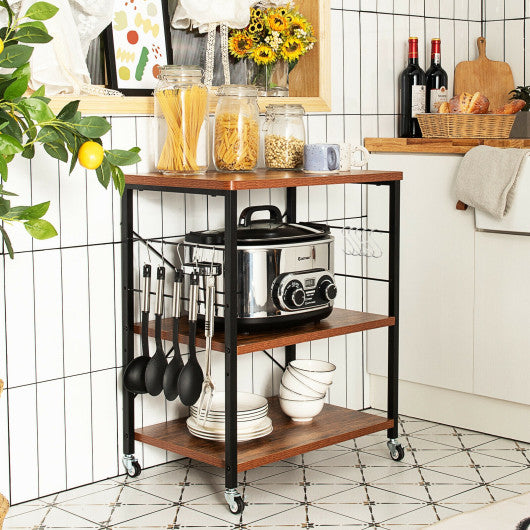 Costway 3-Tier Vintage Kitchen Baker's Rack Microwave Oven Storage Cart with Hooks